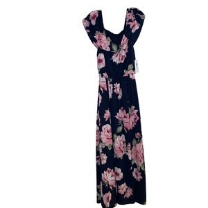 Premier Amour Woman's Size 8 Floral Dress Slit Sides Navy Pink Off Shoulder R